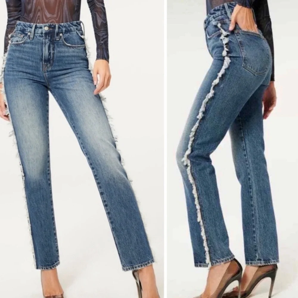 Good American Jeans Women's 15 Good Boy Side Fringed‎ Straight Leg Denim Blue